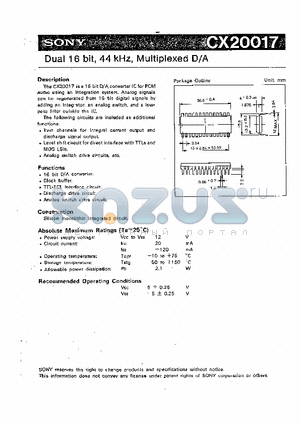 CX20017 datasheet - DUAL 16 BIT, 44Hz, MULTIPLEXED D/A