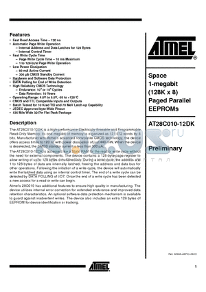 AT28C010-12DK-E datasheet - Space 1-megabit (128K x 8) Paged Parallel EEPROMs