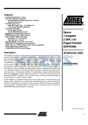 AT28C010-12DK-MQ datasheet - Space 1-megabit (128K x 8) Paged Parallel EEPROMs