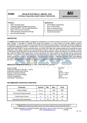 53262 datasheet - SOLID STATE RELAY, 400VDC- 0.5A OPTICALLY ISOLATED, SHORT CIRCUIT PROTECTED