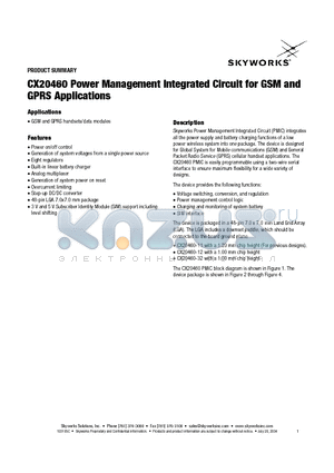 CX20460 datasheet - Power Management Integrated Circuit for GSM and GPRS Applications