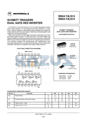 74LS13 datasheet - SCHMITT TRIGGERS DUAL GATE/HEX INVERTER