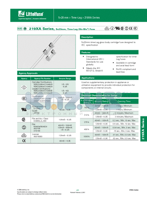 0219.250MXA- datasheet - 219XA Series, 5x20mm, Time-Lag (Slo-Blo^) Fuse