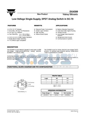 DG4599DL datasheet - Low-Voltage Single-Supply, SPDT Analog Switch in SC-70