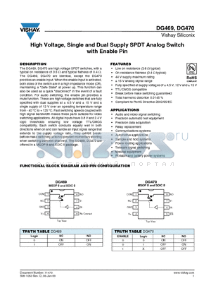 DG469EY-T1-E3 datasheet - High Voltage, Single and Dual Supply SPDT Analog Switch with Enable Pin