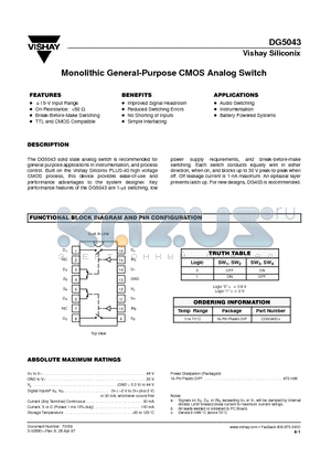 DG5043 datasheet - Monolithic General-Purpose CMOS Analog Switch