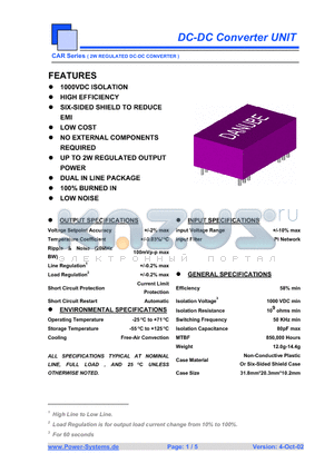 CARD-2405 datasheet - DC-DC Converter UNIT 2W REGULATED DC-DC CONVERTER