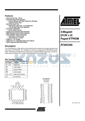 AT28C040-20LC datasheet - 4-Megabit 512K x 8 Paged E2PROM