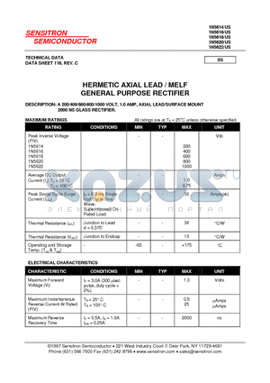 1N5614 datasheet - HERMETIC AXIAL LEAD / MELF GENERAL PURPOSE RECTIFIER