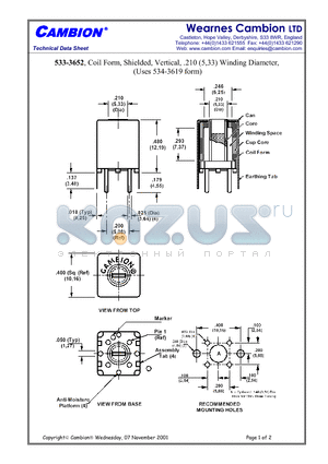 533-3652 datasheet - Coil Form, Shielded, Vertical, .210 (5,33) Winding Diameter