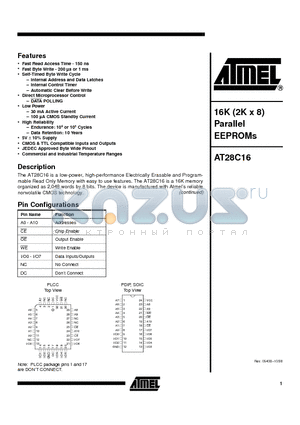 AT28C16-15PI datasheet - 16K (2K x 8) Parallel EEPROMs