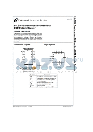 74LS168 datasheet - 54LS168 Synchronous Bi-Directional BCD Decade Counter