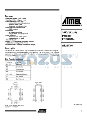 AT28C16-15SI datasheet - 16K (2K x 8) Parallel EEPROMs