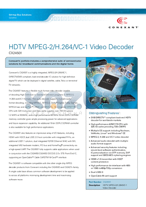 CX24501 datasheet - HDTV MPEG-2/H.264/VC-1 Video Decoder