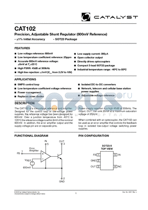 CAT102 datasheet - Precision, Adjustable Shunt Regulator (600mV Reference)