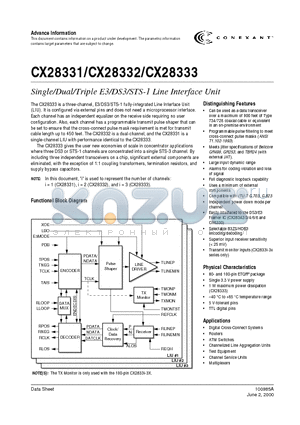 CX28333-1X datasheet - Single/Dual/Triple E3/DS3/STS-1 Line Interface Unit