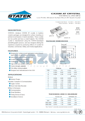 CX2SM-AT datasheet - 9.6 MHz to 250 MHz Low Profile, Miniature Surface Mount AT Quartz Crystal
