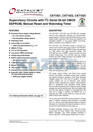 CAT1021LI-45-GT2 datasheet - Supervisory Circuits with I2C Serial 2k-bit CMOS EEPROM, Manual Reset and Watchdog Timer