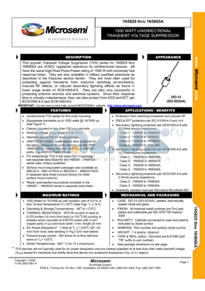 1N5630 datasheet - 1500 WATT UNIDIRECTIONAL TRANSIENT VOLTAGE SUPPRESSOR