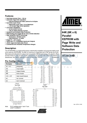 AT28C64B-20JI datasheet - 64K (8K x 8) Parallel EEPROM with Page Write and Software Data Protection