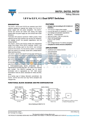 DG723 datasheet - 1.8 V to 5.5 V, 4ohm Dual SPST Switches