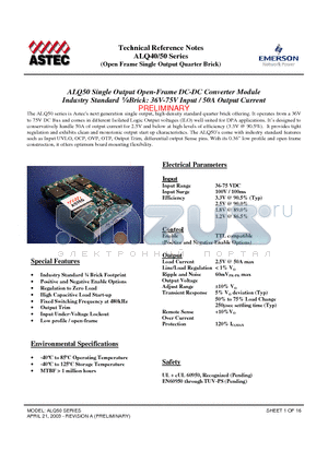 ALQ50Y48 datasheet - Industry Standard l Brick: 36V-75V Input / 50A Output Current