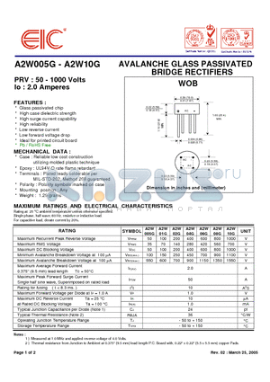 A2W02G datasheet - AVALANCHE GLASS PASSIVATED BRIDGE RECTIFIERS