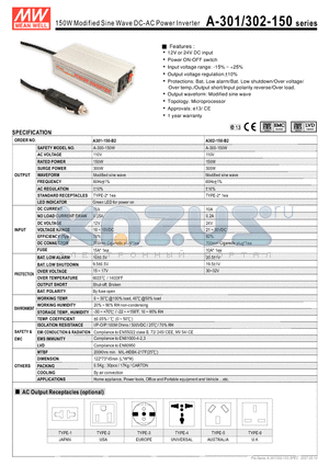 A301-150-B2 datasheet - 150W Modified Sine Wave DC-AC Power Inverter