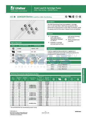 0224002.MXP datasheet - 224/225 Series Lead-Free 2AG, Fast-Acting