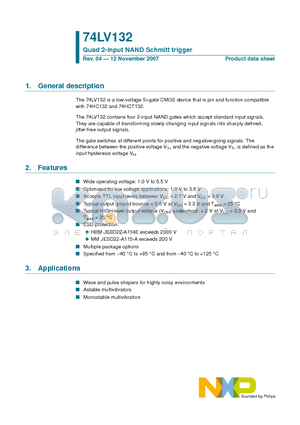 74LV132D datasheet - Quad 2-input NAND Schmitt trigger