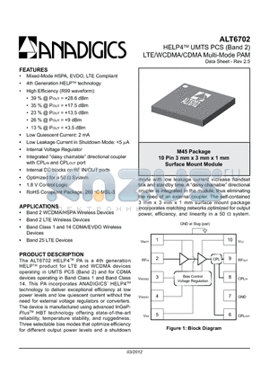 ALT6702RM45P9 datasheet - HELP4 UMTS PCS (Band 2) LTE/WCDMA/CDMA Multi-Mode PAM