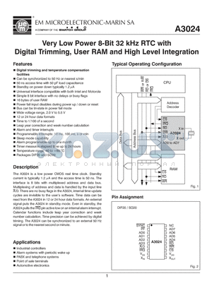 A3024DL20A datasheet - Very Low Power 8-Bit 32 kHz RTC with Digital Trimming, User RAM and High Level Integration