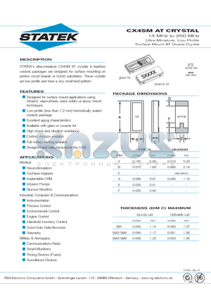 CX4CSM4 datasheet - 14 MHz to 250 MHz Ultra-Miniature, Low Profile Surface Mount AT Quartz Crystal