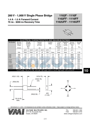 1106UFF datasheet - 200 V - 1,000 V Single Phase Bridge 1.4 A - 1.5 A Forward Current 70 ns - 3000 ns Recovery Time