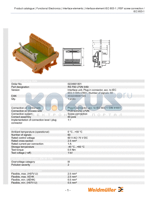 0224661001 datasheet - Interface unit, Plug-in connector, acc. to IEC 603-1/ DIN 41651, Number of signals: 60