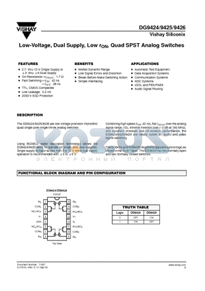 DG9425DQ datasheet - Low-Voltage, Dual Supply, Low rON, Quad SPST Analog Switches