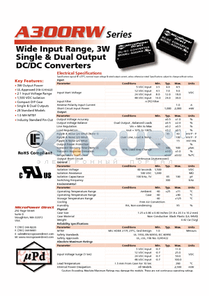 A303RW datasheet - Wide Input Range, 3W Single & Dual Output DC/DC Converters