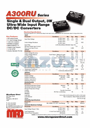 A303RU datasheet - Single & Dual Output, 3W Ultra-Wide Input Range DC/DC Converters