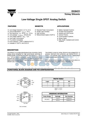 DG9431DY datasheet - Low-Voltage Single SPDT Analog Switch