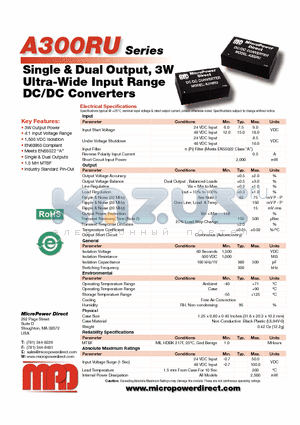 A304RU datasheet - Single & Dual Output, 3W Ultra-Wide Input Range DC/DC Converters