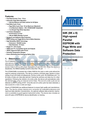 AT28HC64B-12JU datasheet - 64K (8K x 8) High-speed Parallel EEPROM with Page Write and Software Data Protection