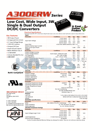 A305ERW datasheet - Low Cost, Wide Input, 3W Single & Dual Output DC/DC Converters