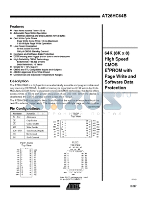 AT28HC64B-70JC datasheet - 64K 8K x 8 High Speed CMOS E2PROM with Page Write and Software Data Protection