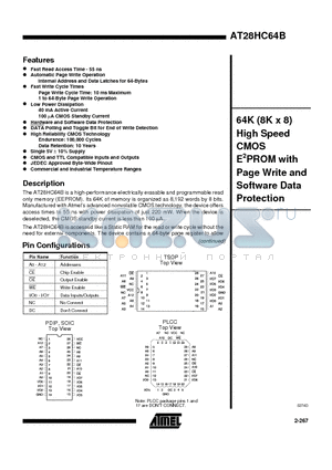 AT28HC64B-55SC datasheet - 64K 8K x 8 High Speed CMOS E2PROM with Page Write and Software Data Protection