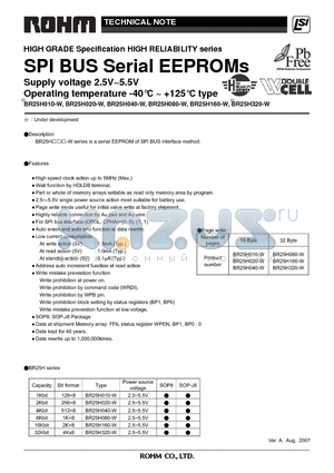 BR25H010-W datasheet - HIGH GRADE Specification HIGH RELIABILITY series SPI BUS Serial EEPROMs Supply voltage 2.5V~5.5V Operating temperature -40`C ~ 125`C type