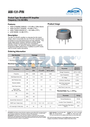 AM-131-PIN datasheet - Product Type: Broadband RF Amplifier Frequency: 5 to 500 MHz