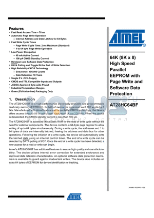 AT28HC64BF-12SU datasheet - 64K High Speed Parallel EEPROM with Page Write and Sfotware Data Protection