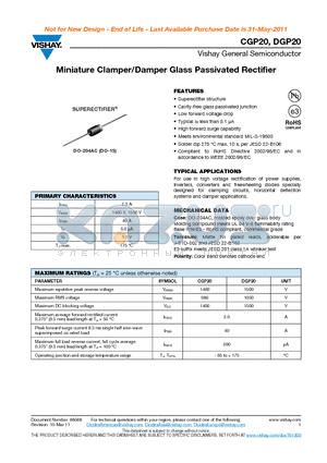 DGP20 datasheet - Miniature Clamper/Damper Glass Passivated Rectifier