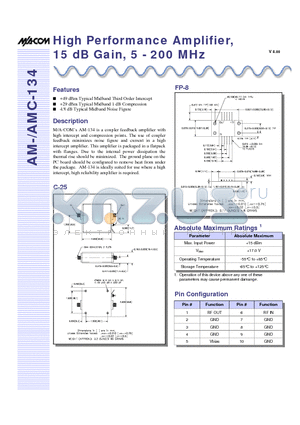 AM-134PIN datasheet - High Performance Amplifier, 15 dB Gain, 5 - 200 MHz