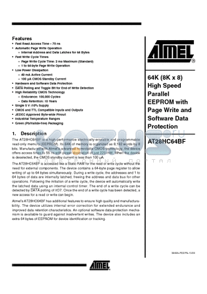 AT28HC64BF-90PU datasheet - 64K (8K x 8) High Speed Parallel EEPROM with Page Write and Software Data Protection